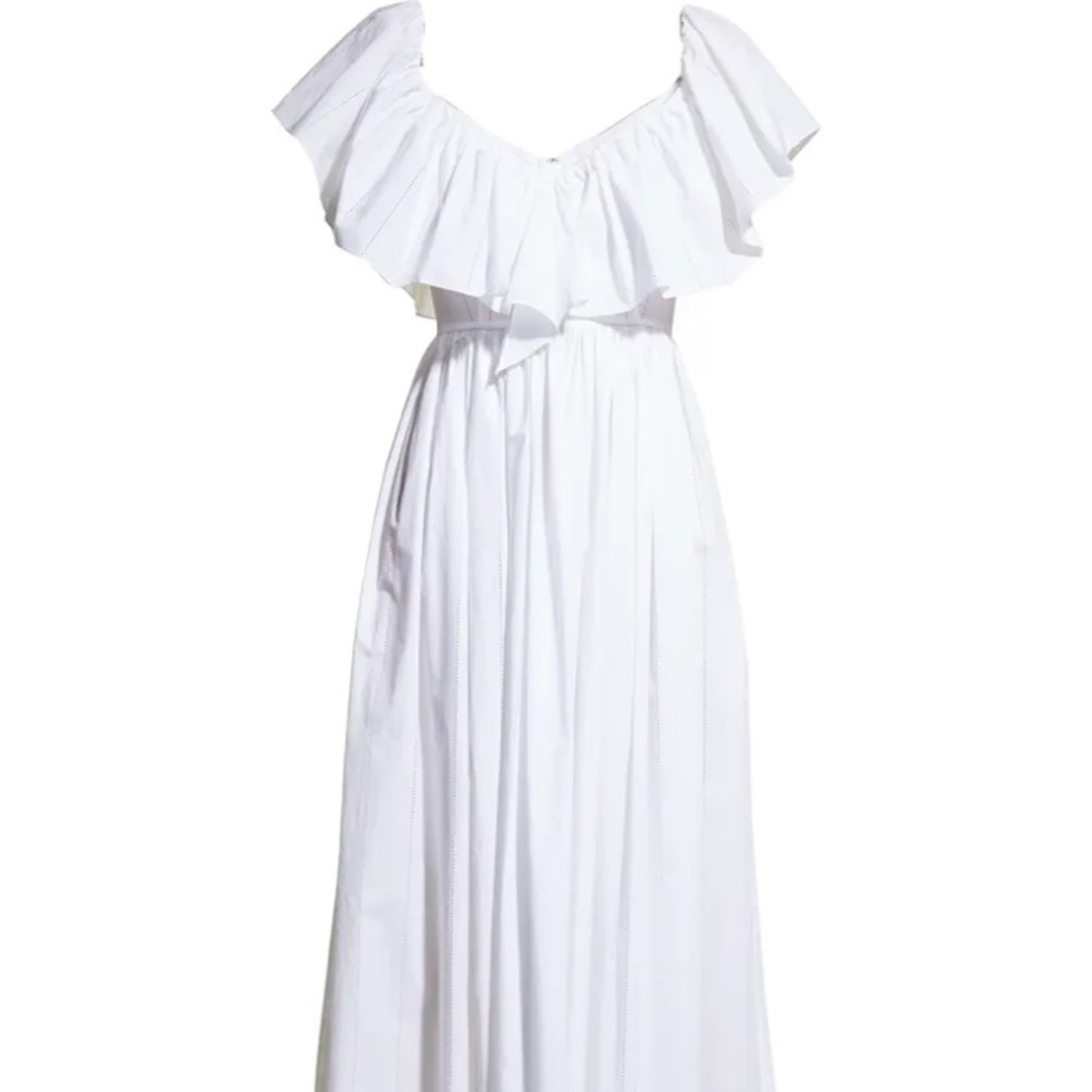 2022 NWT $1590 Adam Lippes Made USA Large White Cotton Midi Dress Ruffled V Neck